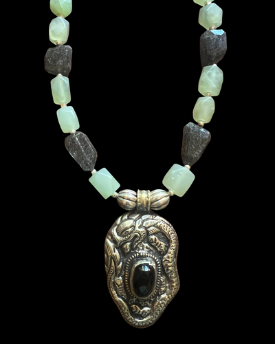 old tibetan dragon w/onyx, green jade & black tourmaline
