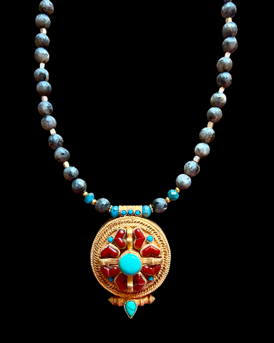 gilded gau w/turquoise & red coral, apatite & larkivite