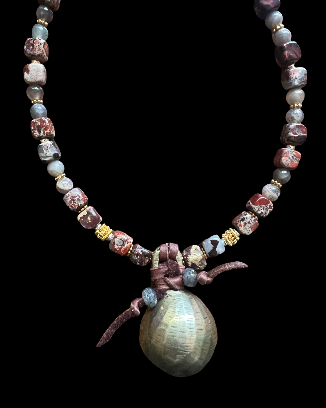 vintage african bell w/brecciated jasper & celestial quartz