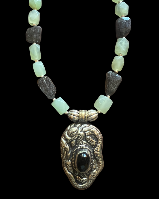 old tibetan dragon w/onyx, green jade & black tourmaline