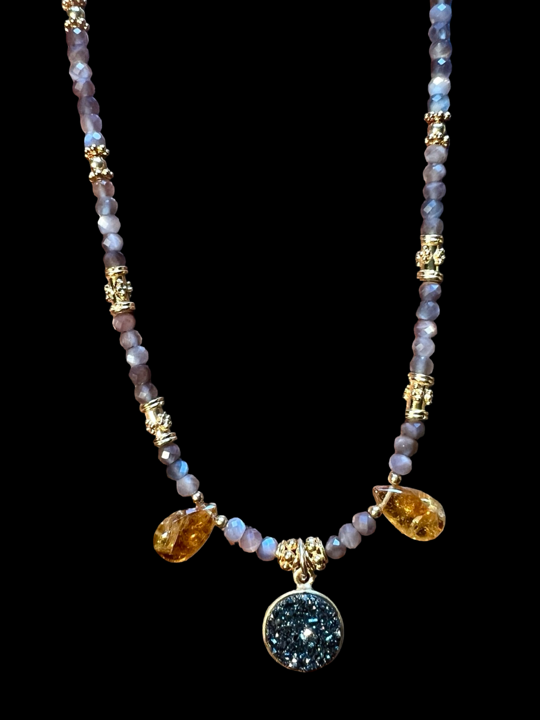 platinum druzy w/yellow tourmaline & chocolate moonstone