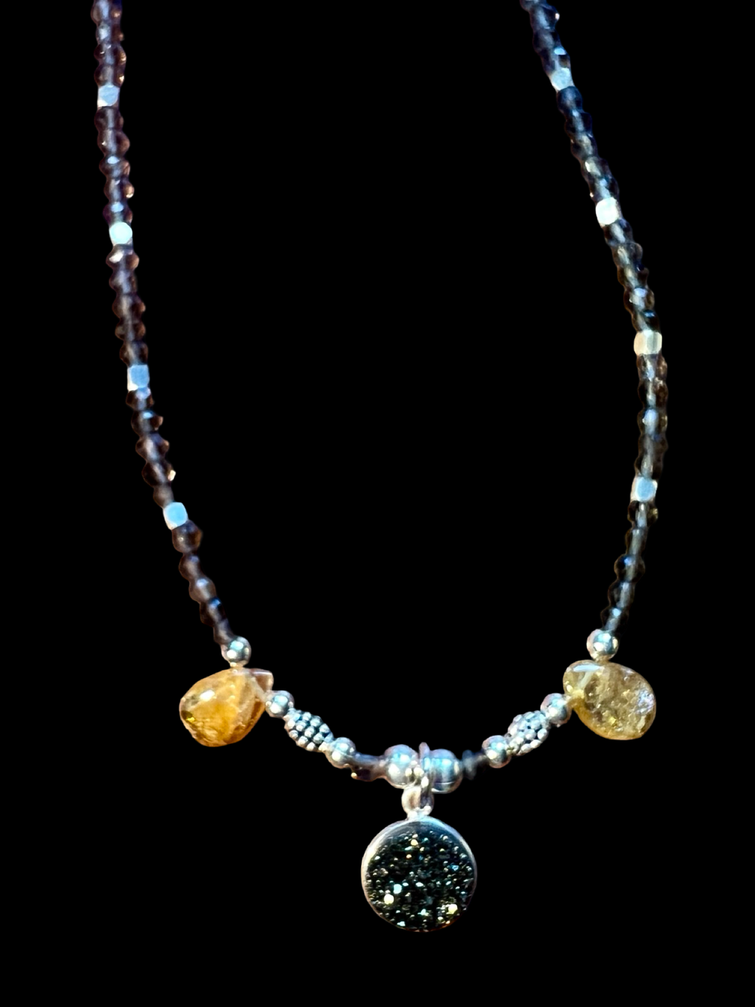 bronze druzy w/smoky quartz & yellow tourmaline