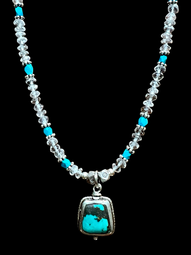 tibetan vintage to antique turquoise amulet w/quartz crystal