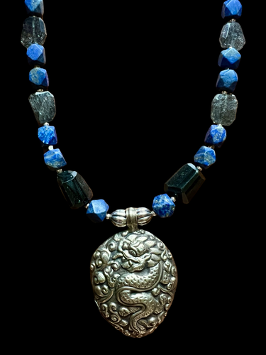 old tibetan dragon w/rainbow obsidian, tourmalinated quartz & lapis lazuli