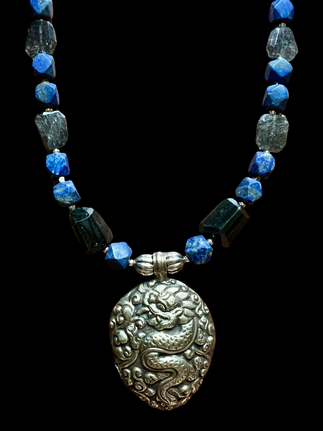 old tibetan dragon w/rainbow obsidian, tourmalinated quartz & lapis lazuli