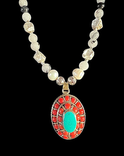 turquoise & red coral w/tourmalinated quartz & pearl